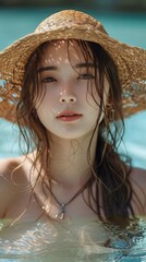 Poster - Portrait beautiful young asian woman enjoy relax around swimming pool for leisure vacation