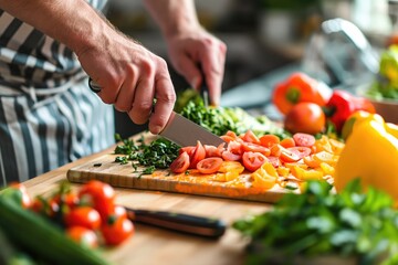 Wall Mural - vegetables getting chopped on a desk in bright kitchen 