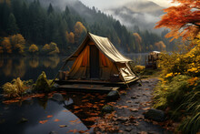 Calm Natural Scenery With Camping Tents In The Forest
