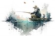 watercolor fishing scene on white background