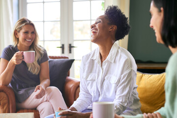 Three Mature Female Friends In Lounge At Home Meeting For A Chat And Hot Drink