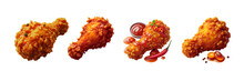Set Of Delicious Hot Fried Chicken Leg Piece With Chili Sauce, Isolated Over On Transparent White Background.
