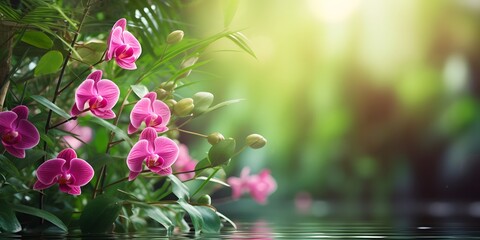  pink wild orchid in green bamboo forest, nature background banner wallpaper