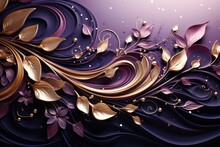  A Painting Of Purple And Gold Leaves And Swirls On A Purple And Purple Background With A Gold Swirl On The Left Side Of The Image And Gold Leaves On The Right Side Of The Left Side Of The Image.