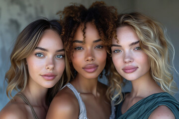 Wall Mural - three beautiful female models standing next to each other at a fashion ad show, different ethnicity symbolizing diversity equality and equity. clean skin care tones. 