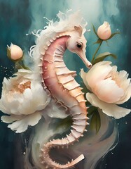 Wall Mural - Seahorse with flowers painting 