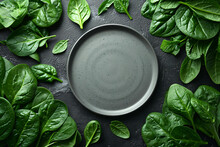 Frame Made Of Spinach Leaves And Plate On White Surface. Spinach Leaf Background. Creative Food Concept. Flat Lay, Top View 
