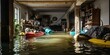 Water damage in the basement following a flood, with objects floating around , concept of Fluid accumulation
