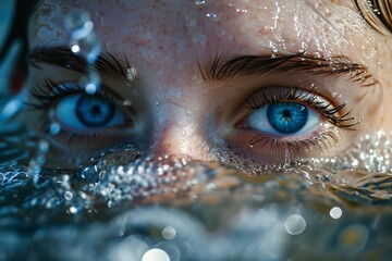 Woman in water with sweating eyes and hairs, Generative AI.