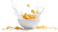 Corn Flakes With Milk Splash In White Bowl Isolated On White Background. 
