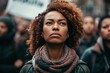 This image shows a group of people including a black woman marching in protest, Generative AI.