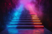 Abstract Concept Of A 3d Render Of A Colorful Neon Rgb Led Lights Stairs On Dark Black Background. Stairs Goes Up. 