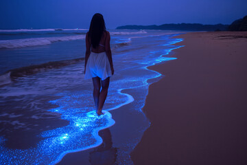 Wall Mural - Woman walking on beach with blue bioluminescent algae, plankton in tropical ocean