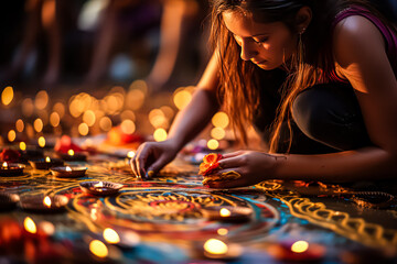 Wall Mural - Serenity of Diwali girl lights glowing oil lamps, intricate floral mandala and enchanting bokeh create a serene backdrop for the vibrant celebration of the Diwali festival.