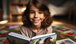 Happy girl reading at home. Reading allows a child to be transported from our own world to another,and can learn new words and phrases, and acquire skills and knowledge
