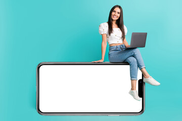 Poster - Full length photo of dreamy cute girl dressed white top communicating modern device empty space isolated teal color background