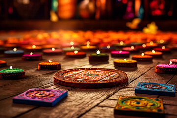 Wall Mural - Diwali radiance vibrant oil lamps and floral mandala on a mesmerizing blurred bokeh background, creating a festive atmosphere of joy and celebration