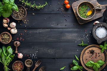 Wall Mural - Raw ingredients being cooked against a backdrop of black hardwood, seasoning, Generative AI.