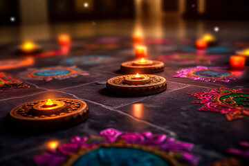 Wall Mural - Celebrate Diwali bright oil lamps and a detailed floral mandala set against a captivating bokeh background, creating a picture of joy and festivity