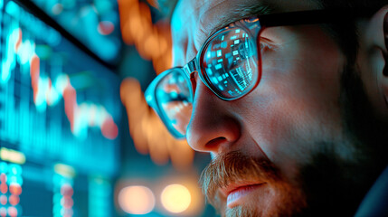 A programmer in glasses looks at the monitor screen