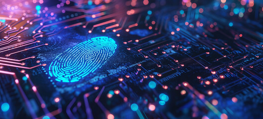 Cyber security system with fingerprint on neon background. Technology and security concept with copy space