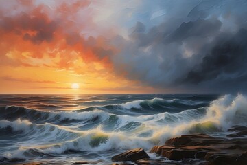 Wall Mural - Oil painting with brush strokes and texture. Sunset over the sea.