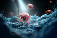 Krebszellen, Bösartige Zellen, Wissenschaftliche 3D-Illustration, 3d, Humane Krebszellen, Digitale Illustration, Nahaufnahme Einer Krebszelle