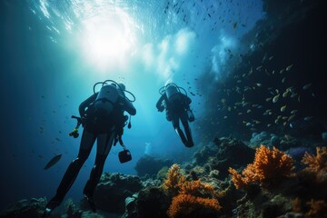 Silhouette of scuba divers in the deep blue sea, Extreme divers in the coral reef, no visible faces, AI Generated