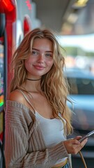 Wall Mural - At an electric vehicle charging station, a content young lady is using her phone.