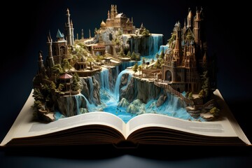 Canvas Print - Open book with fantasy castle on black background. Fantasy world. Fairy tale, Fantasy world inside of the book, AI Generated