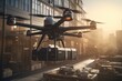 Drone flying over the city. 3D rendering. Illustration, Experience intelligent package delivery using AI-powered drones, robots, and optimized routes for, AI Generated