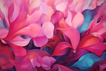  A Painting Of Pink, Blue, And Red Flowers On A Pink And Blue Background With A Large Amount Of Pink And Blue Petals In The Center Of The Painting.