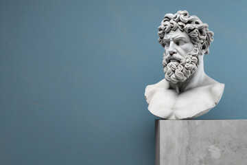 a bust of a Greek god made of stone on a pedestal. A sculpture of an ancient Roman man.