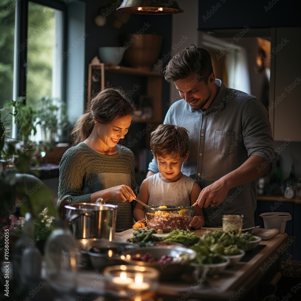 Feliz familia joven con niños cocinando juntos en la cocina preparando una ensalada y comida saludable. 
Estilo de vida en familia.