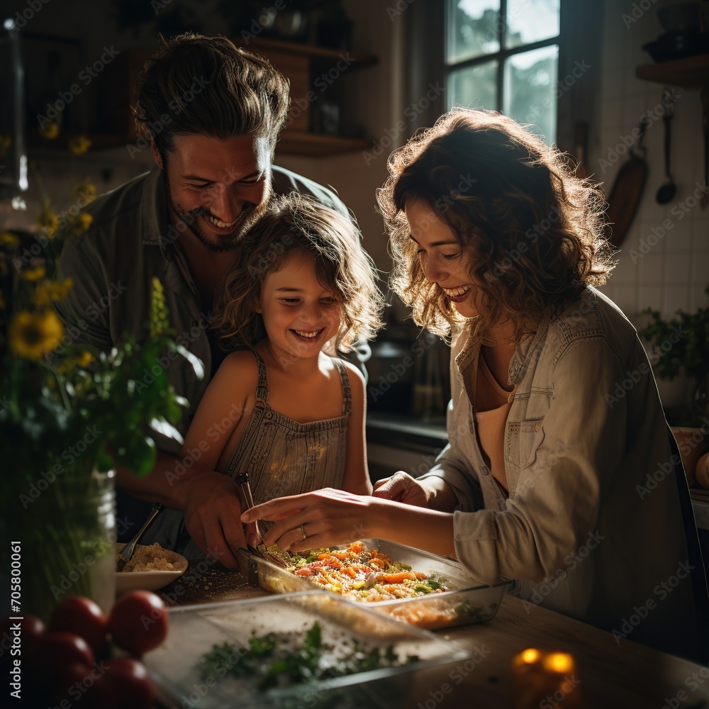 Feliz familia joven con niños cocinando juntos en la cocina preparando una ensalada y comida saludable. 
Estilo de vida en familia.
