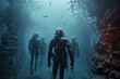 © Iftikhar alam - Underwater view of a group of divers in deep blue water, Extreme divers in the coral reef, no visible faces, AI Generated