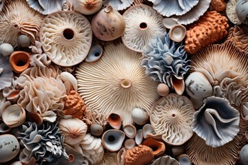 Poster - Beautiful seashells as background, close-up view, Experience rich textures with macro photography, showcasing intricate patterns of bark, fabric, and seashells, AI Generated