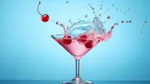 Red Cherry Falling Into A Blue Cocktail Splashing On An Isolated Blue Background, Generative Ai