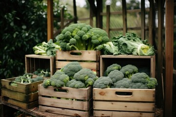  a pile of crates filled with lots of green broccoli next to other boxes of broccoli and cauliflower next to a fenced area with trees in the background.