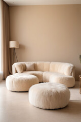 Fluffy sheepskin poufs near curved sofa against beige wall with copy space. Minimalist luxury home interior design of modern living room