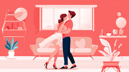 Wall Mural - Beautiful young couple at home. Hug, kiss and enjoy spending time together while celebrating Valentine's Day