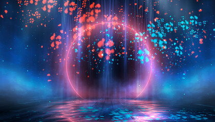 Wall Mural - dark night scene. dark abstract background, neon circle, tree.