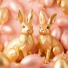 Golden easter bunnies and eggs on peach coloured background 