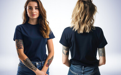 image of tattooed female in dark blue t shirt, feMale model wearing a dark navy blue half sleeves tshirt front view and back view tshirt mockup