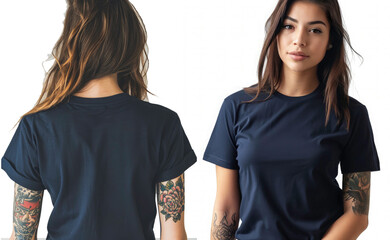 Wall Mural - image of tattooed female in dark blue t shirt, feMale model wearing a dark navy blue half sleeves tshirt front view and back view tshirt mockup