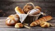 assortment of baked bread and bread rolls on wooden table background
