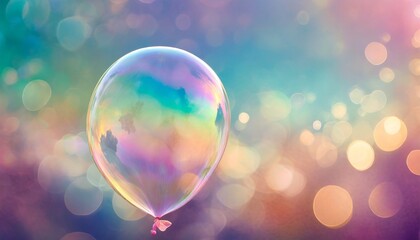 Poster - iridescent balloon bubble on pastel background with gradient a vibrant and whimsical bubble of joy radiates in the sky its radiant rainbow background captivating the viewer with its dazzling colors