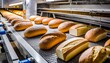 loafs of bread in a bakery on an automated conveyor belt
