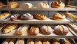 bakery shelf with many types of bread tasty german bread loaves on the shelves