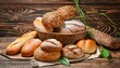 heap of fresh baked bread on wooden background